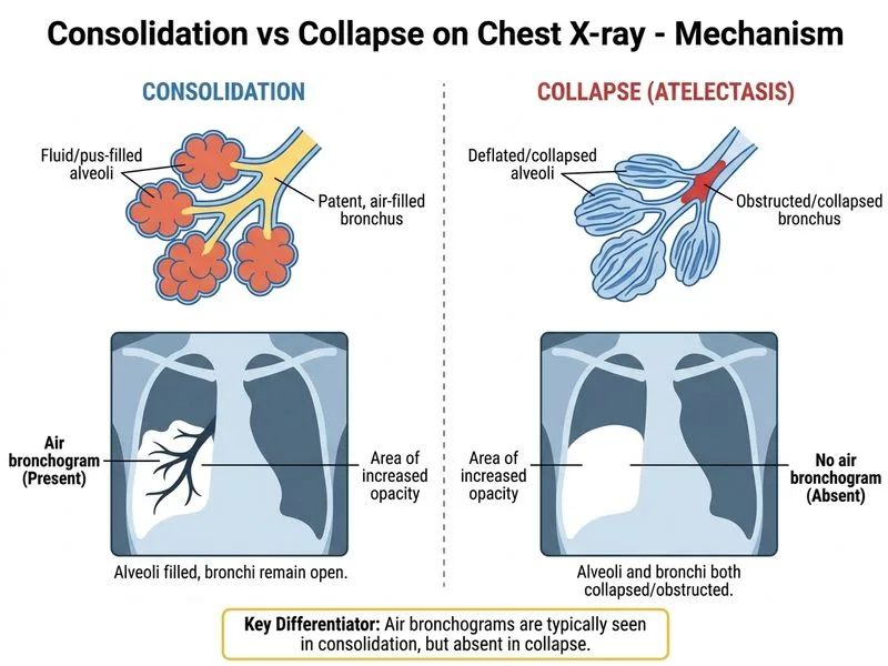 Consolidation vs Collapse on Chest X-ray diagram
