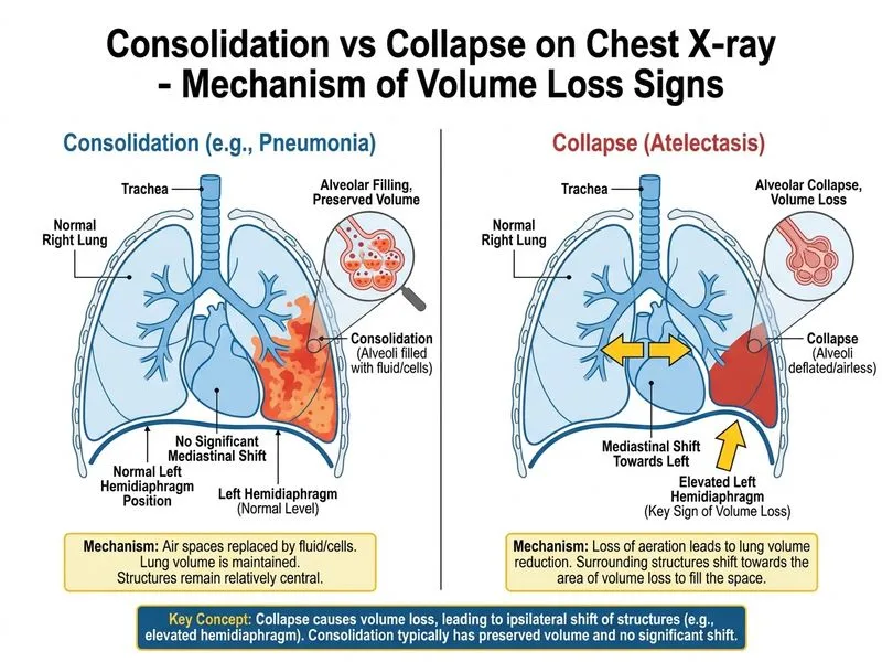 Consolidation vs Collapse on Chest X-ray diagram