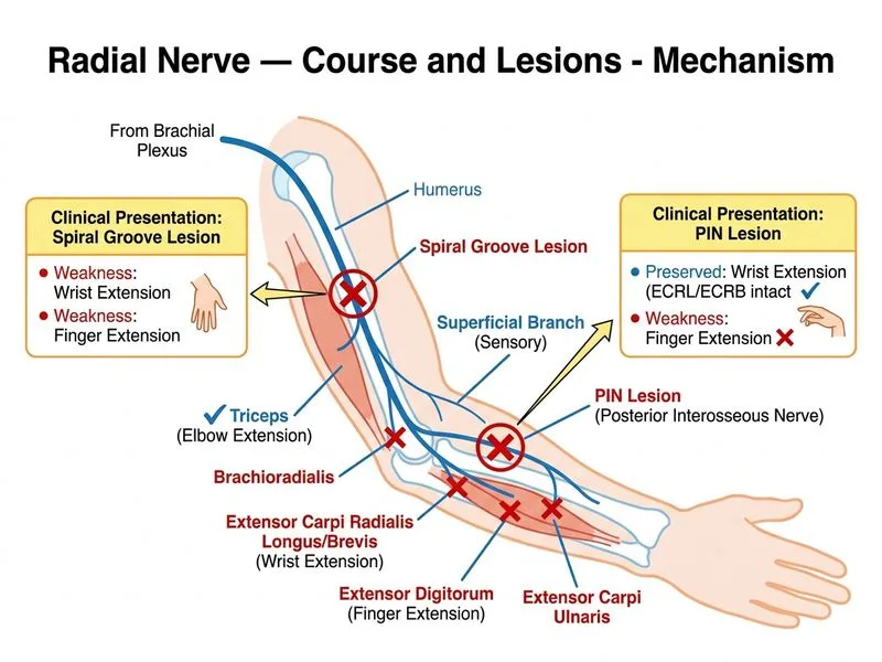 Radial Nerve — Course and Lesions diagram