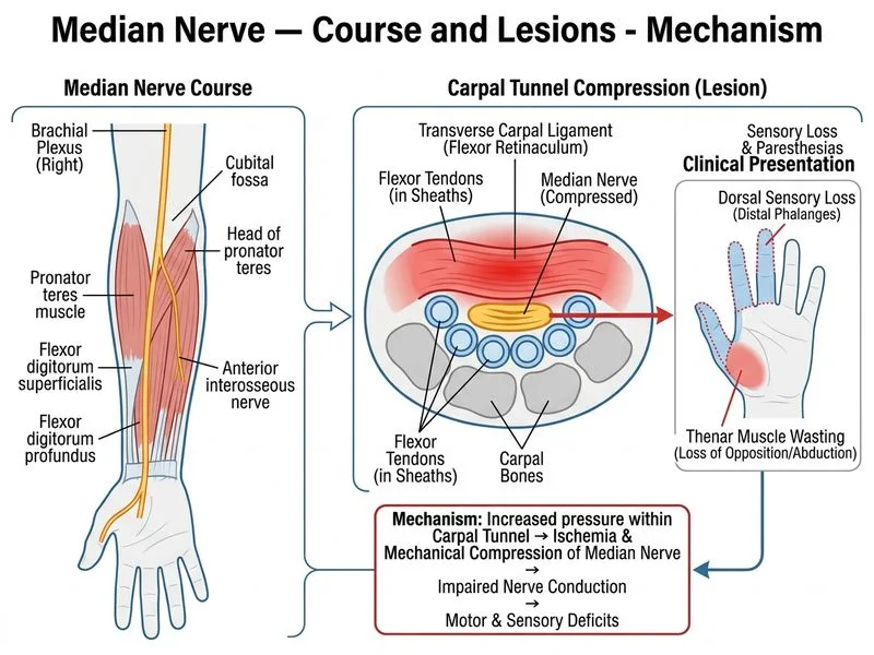 Median Nerve — Course and Lesions diagram