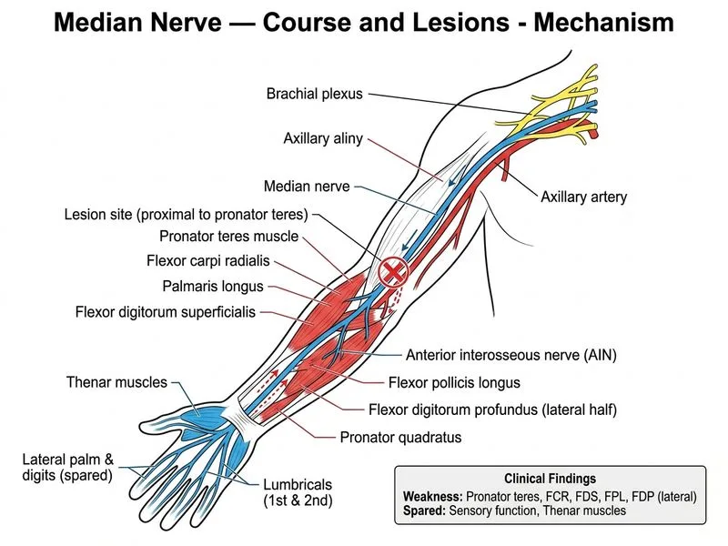 Median Nerve — Course and Lesions diagram
