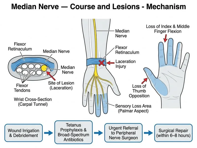 Median Nerve — Course and Lesions diagram