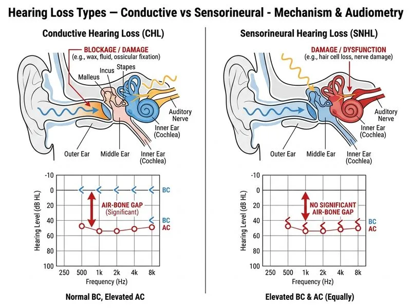 Hearing Loss Types — Conductive vs Sensorineural diagram