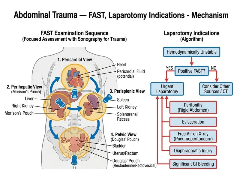 Abdominal Trauma — FAST, Laparotomy Indications diagram