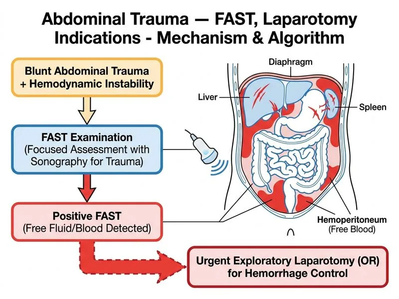 Abdominal Trauma — FAST, Laparotomy Indications diagram