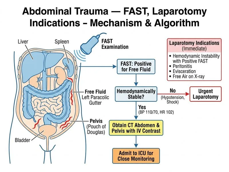 Abdominal Trauma — FAST, Laparotomy Indications diagram