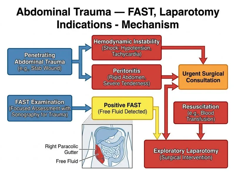 Abdominal Trauma — FAST, Laparotomy Indications diagram