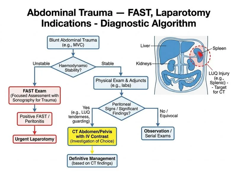 Abdominal Trauma — FAST, Laparotomy Indications diagram