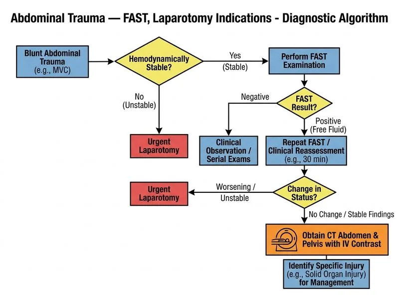 Abdominal Trauma — FAST, Laparotomy Indications diagram