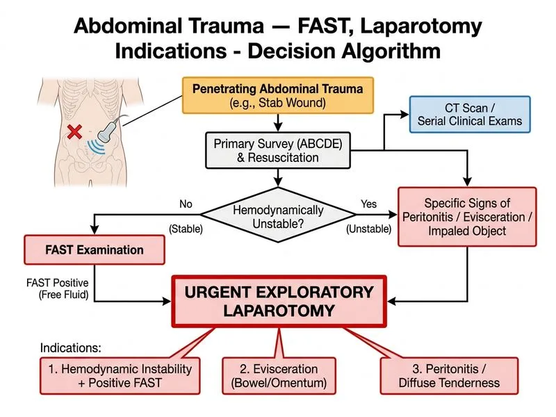 Abdominal Trauma — FAST, Laparotomy Indications diagram