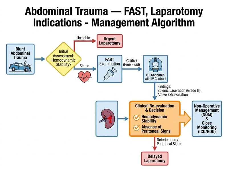 Abdominal Trauma — FAST, Laparotomy Indications diagram