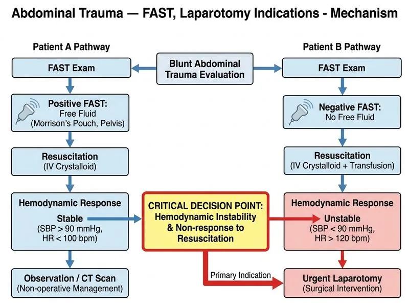 Abdominal Trauma — FAST, Laparotomy Indications diagram