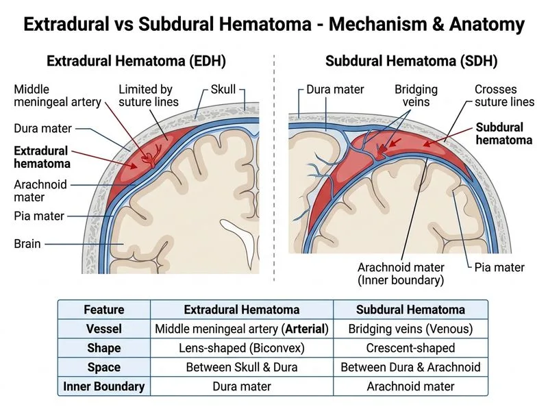 Extradural vs Subdural Hematoma diagram