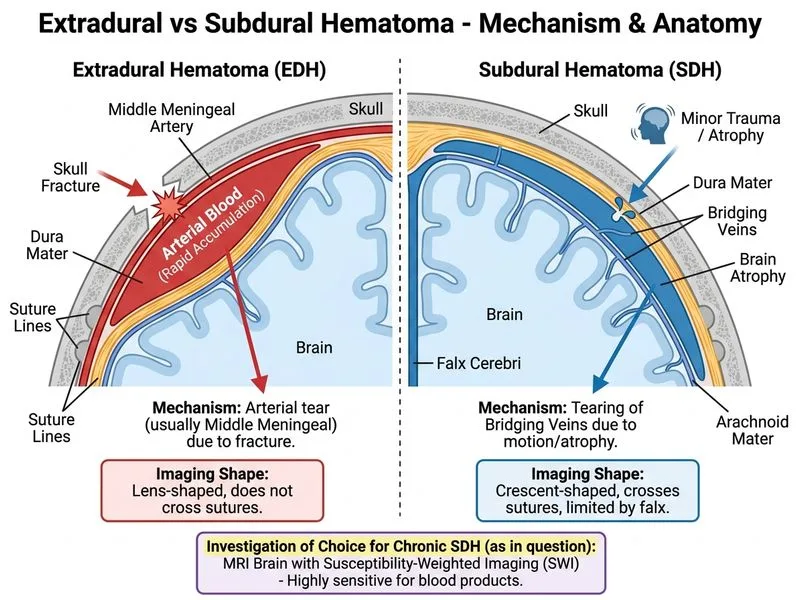 Extradural vs Subdural Hematoma diagram