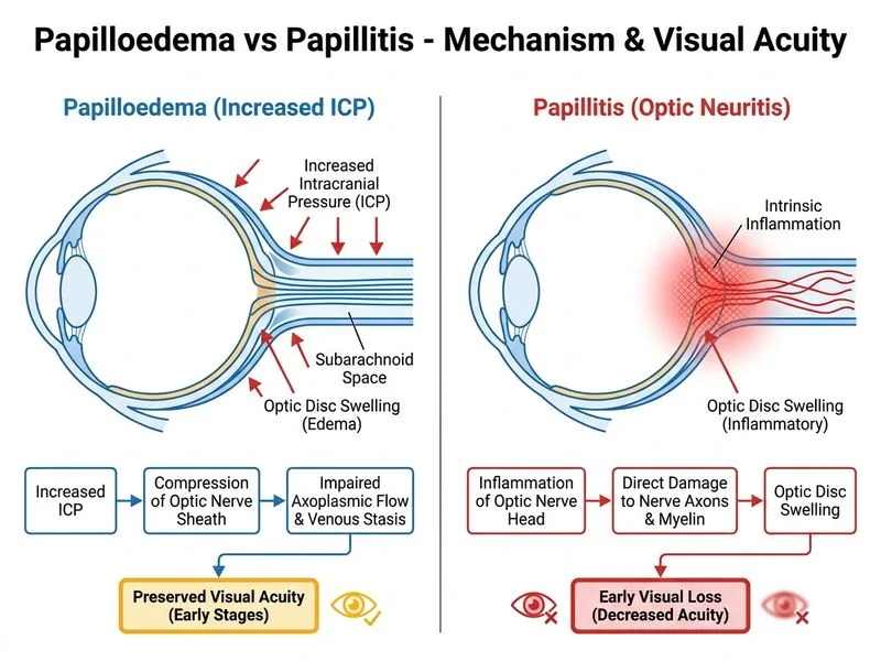 Papilloedema vs Papillitis diagram