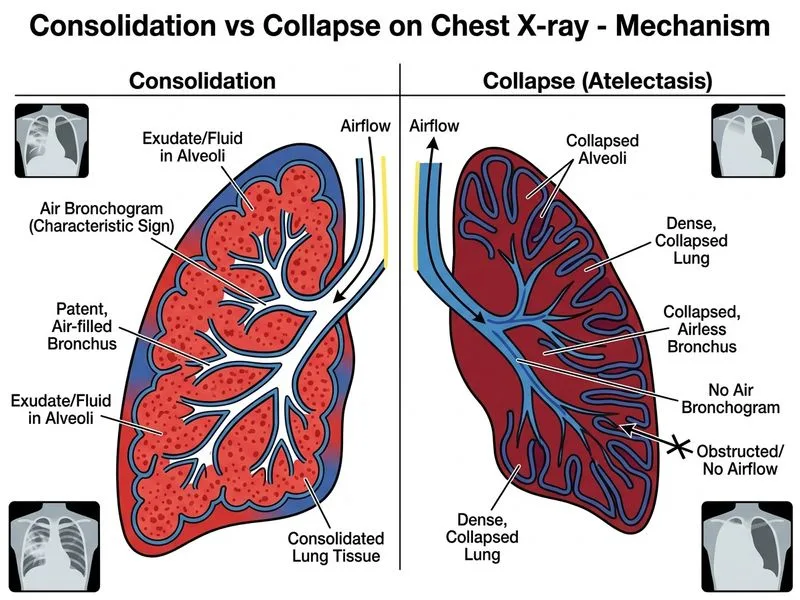 Consolidation vs Collapse on Chest X-ray diagram