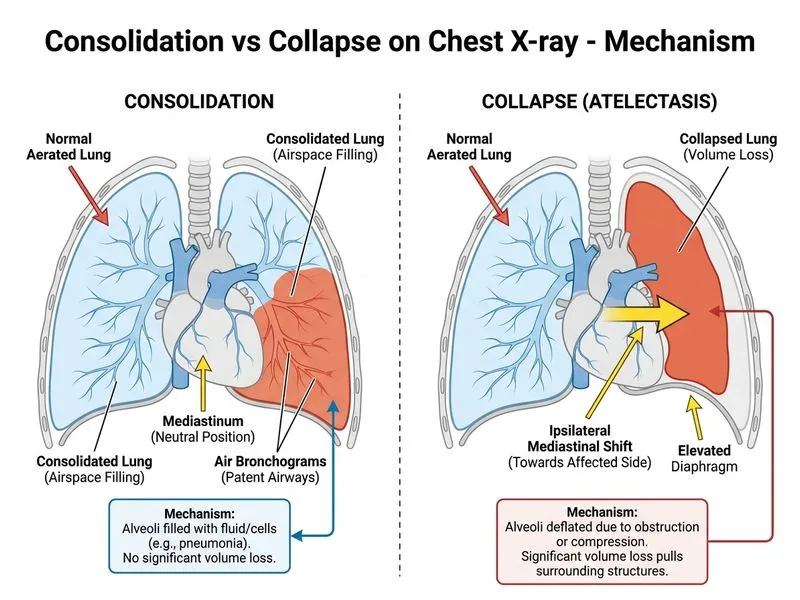 Consolidation vs Collapse on Chest X-ray diagram