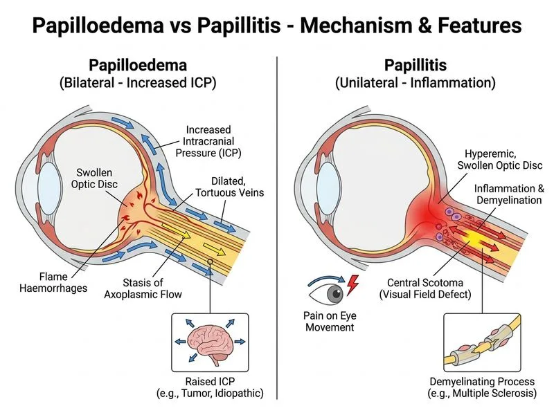 Papilloedema vs Papillitis diagram
