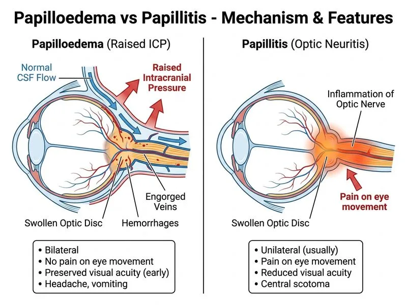 Papilloedema vs Papillitis diagram