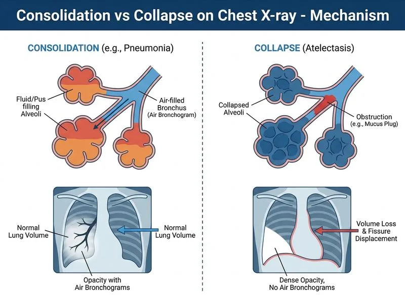 Consolidation vs Collapse on Chest X-ray diagram
