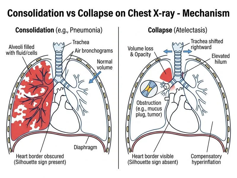 Consolidation vs Collapse on Chest X-ray diagram