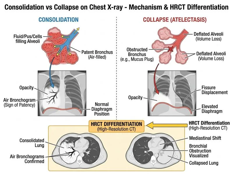 Consolidation vs Collapse on Chest X-ray diagram