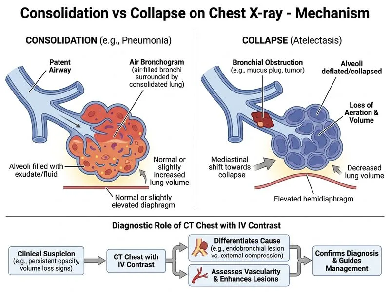 Consolidation vs Collapse on Chest X-ray diagram