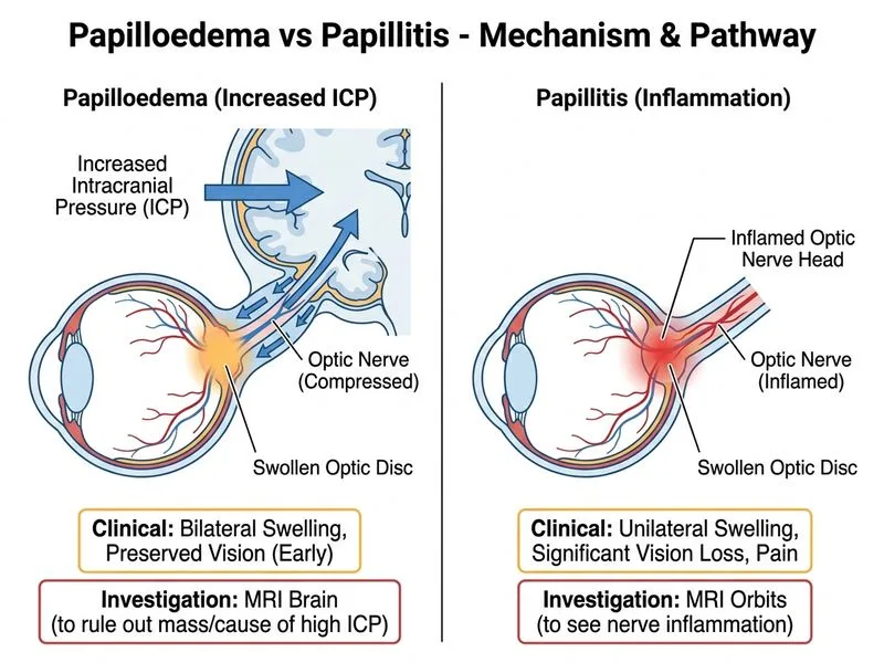 Papilloedema vs Papillitis diagram