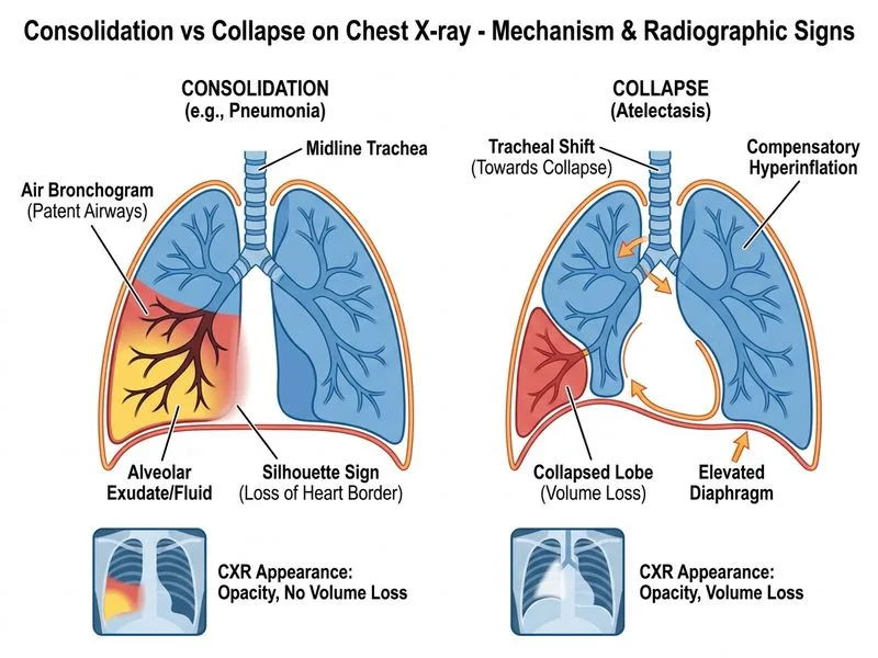 Consolidation vs Collapse on Chest X-ray diagram