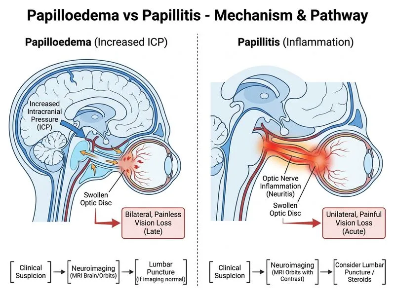 Papilloedema vs Papillitis diagram