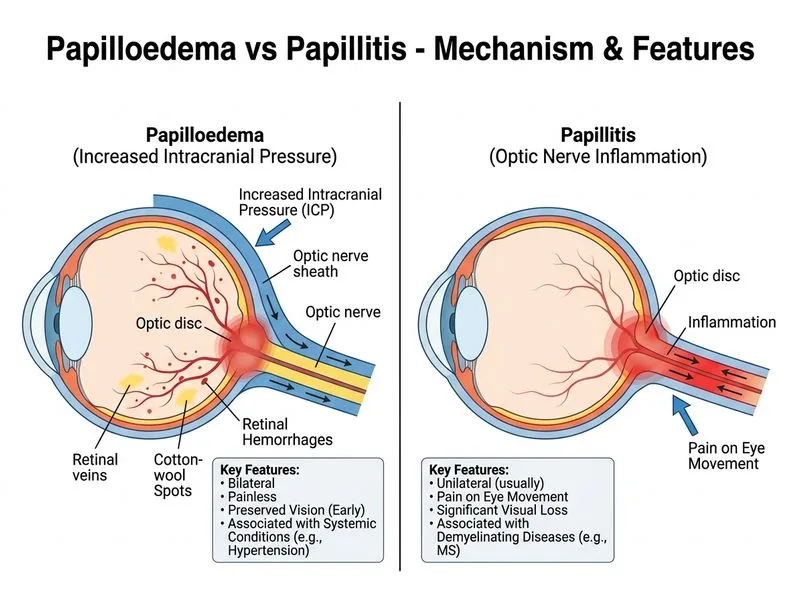Papilloedema vs Papillitis diagram