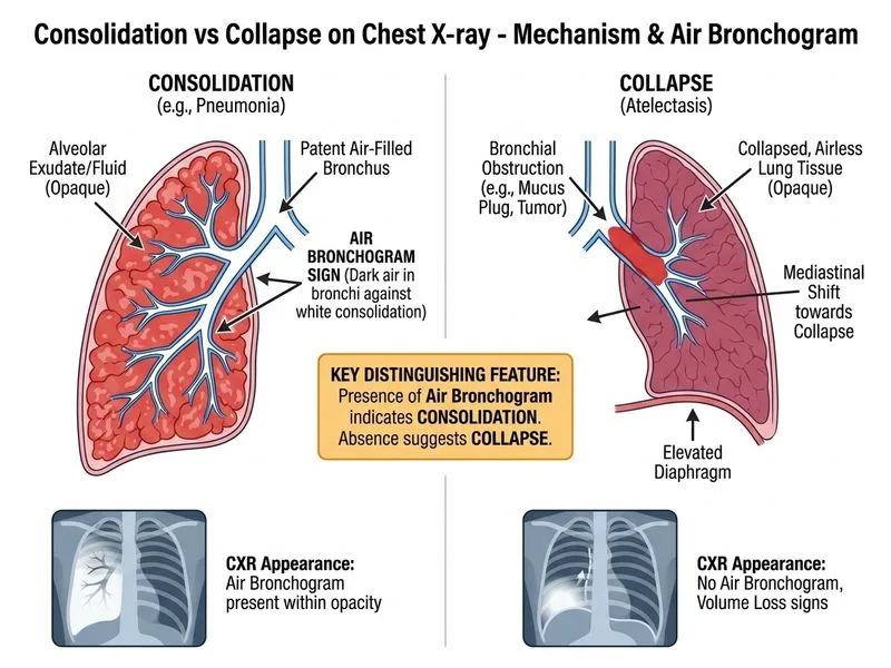 Consolidation vs Collapse on Chest X-ray diagram
