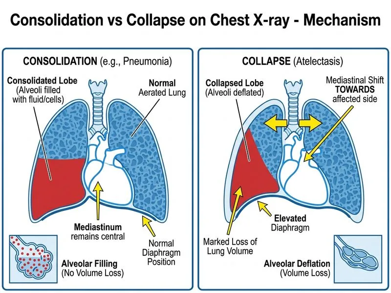 Consolidation vs Collapse on Chest X-ray diagram