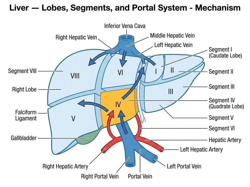 Liver — Lobes, Segments, and Portal System diagram