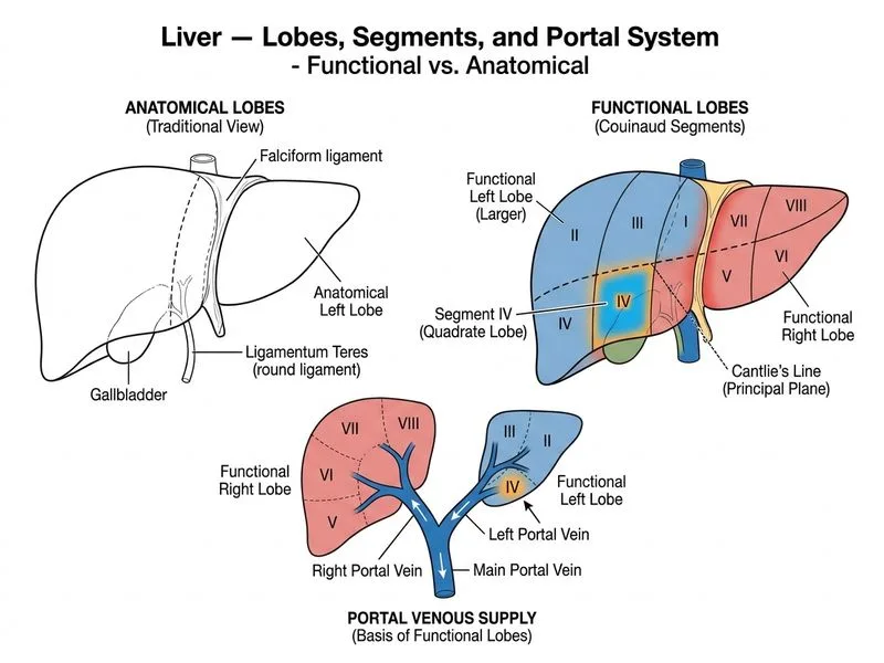 Liver — Lobes, Segments, and Portal System diagram