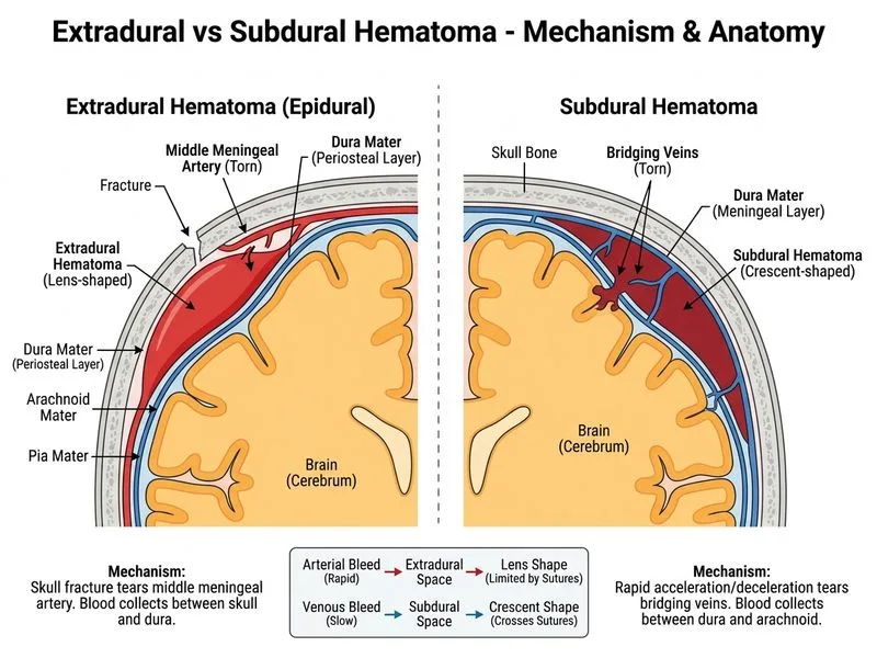 Extradural vs Subdural Hematoma diagram
